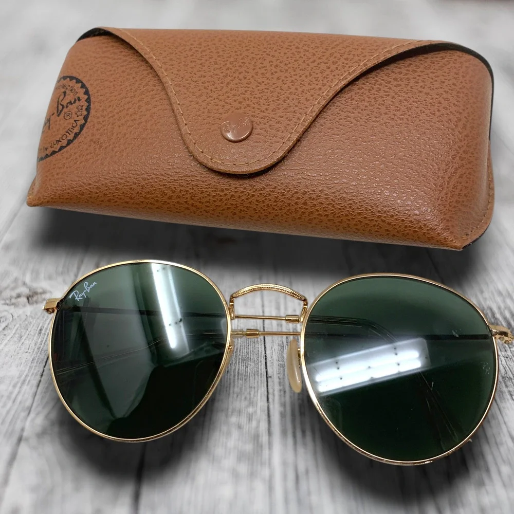 Ray-Ban RB3447N Round Metal Sunglasses Gold Green G15 53mm OG Case Cloth Papers
